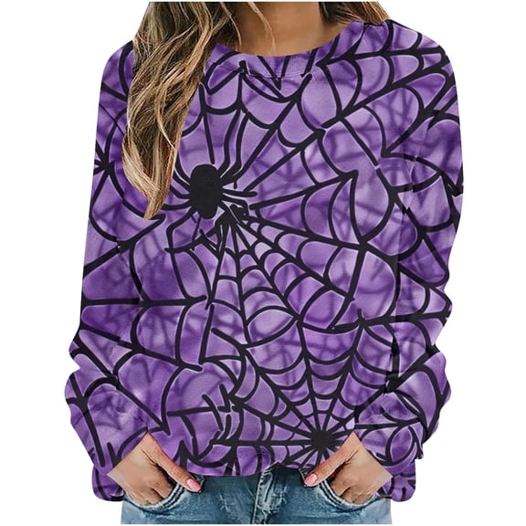 YUGYXL Funny Pumpkin Print Sweatshirts for Women Halloween Witch Bat Graphic Sweater Long Sleeve Round Neck Pullovers Purple S