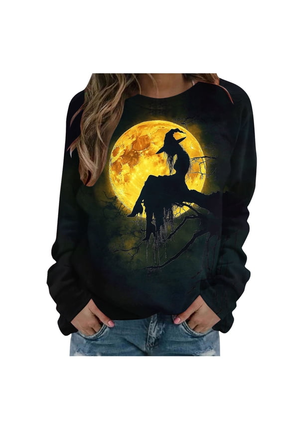 Halloween Shirts for Women Long Sleeve Witch Graphic Sweatshirts Vintage Festival Tops Loose Blouses Funny Gifts Black XL