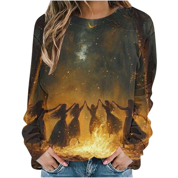 YUGYXL Halloween Shirts for Women Plus Size Long Sleeve Tops Funny Witchy Pumpkin Ghost Graphic Tees Cotton Crewneck Blouses K Multicolor XXL