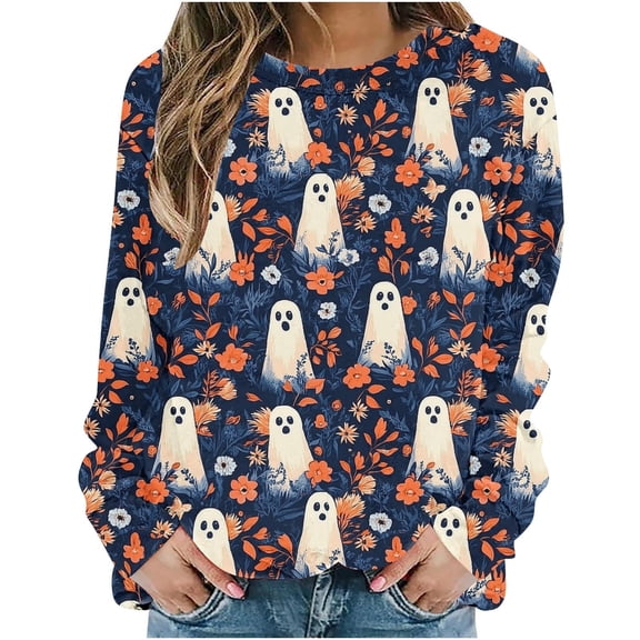 YUGYXL Halloween Shirts for Women Plus Size Long Sleeve Tops Funny Witchy Pumpkin Ghost Graphic Tees Cotton Crewneck Blouses R Multicolor L