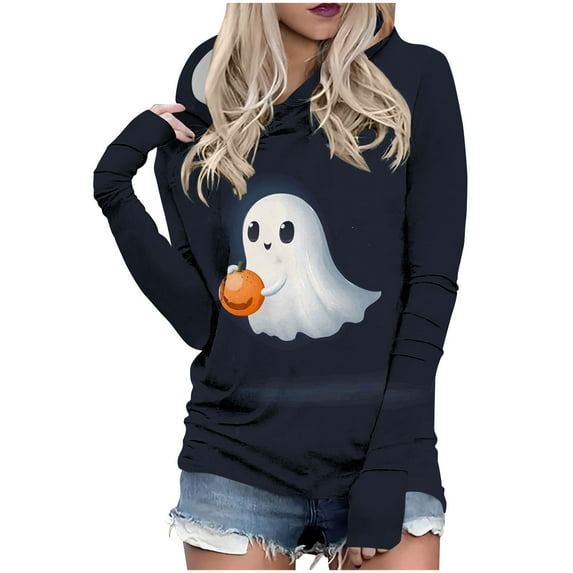 YUGYXL Halloween Sweatshirts for Women Cute Funny Long Sleeve Pumpkin Graphic Hoodies Lightweight Pullover Tops Navy M