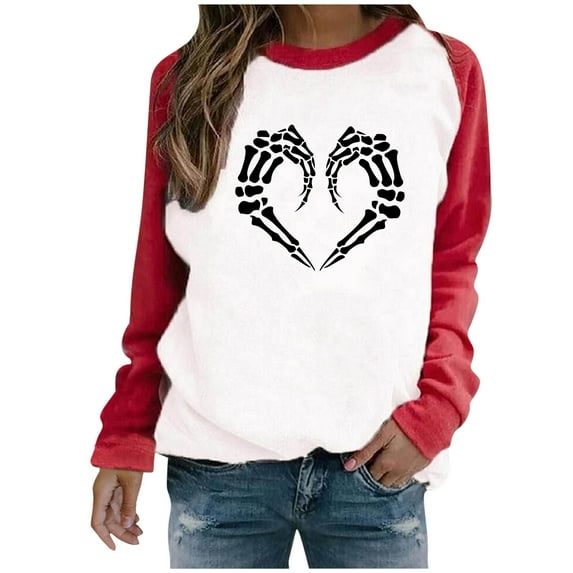 YUGYXL Deals Halloween Sweatshirts for Women Pumpkin Ghost Skull Graphic Shirts Casual Long Sleeve Crew Neck Raglan Pullover Tops Red L
