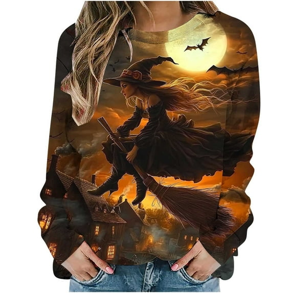 YUGYXL Halloween Sweatshirts for Women Witch Crewneck T Shirts Fall Cute Pumpkin Graphic Fleece Pullover Tops B Multicolor XXL