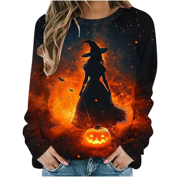 YUGYXL Halloween Sweatshirts for Women Witch Crewneck T Shirts Fall Cute Pumpkin Graphic Fleece Pullover Tops H Multicolor XL