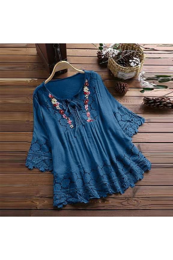Linen Lace Patchwork Shirts for Women Summer 3/4 Sleeve Bow V-Neck Blouse Casual Pleated Embroidery T-shirts Solid Color Vintage Pullover Tops