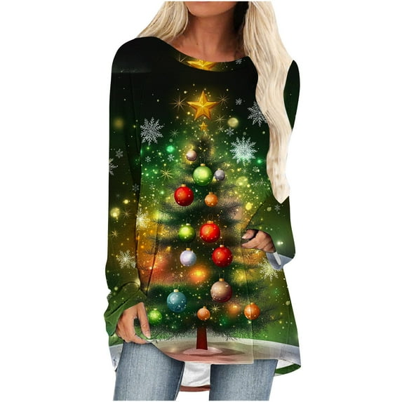 YUGYXL Deals Long Sleeved Tee Top for Women Funny Christmas Graphic Holiday Party Pullover Top Round Neck Ugly Casual Xmas T Shirt A Multicolor L