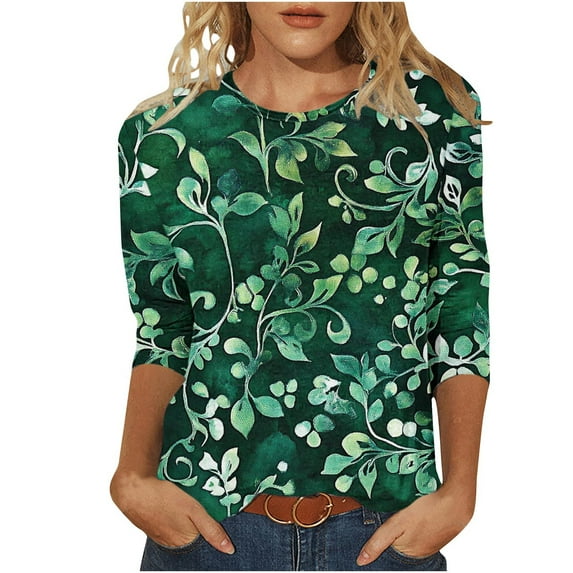 YUGYXL Deals Lounge 3/4 Sleeve Shirts for Women 2025 Fashion Flower Print Blouses Crew Neck Lightweight Cozy Tshirts Ladies Tunics Fit Tops Vacation Clothes