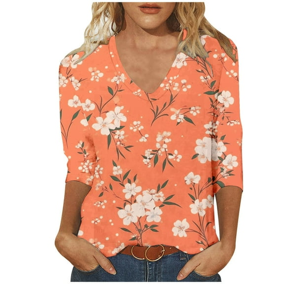 YUGYXL Lounge 3/4 Sleeve Shirts for Women Trendy Flower Graphic Tees V Neck Soft Lightweight Tshirts Dressy Tunics Fit Blouse Vacation Tops