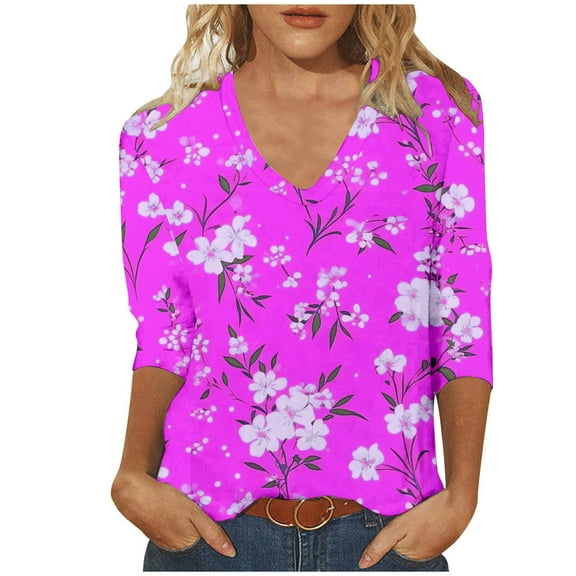 YUGYXL Lounge 3/4 Sleeve Shirts for Women Trendy Flower Graphic Tees V Neck Soft Lightweight Tshirts Dressy Tunics Fit Blouse Vacation Tops