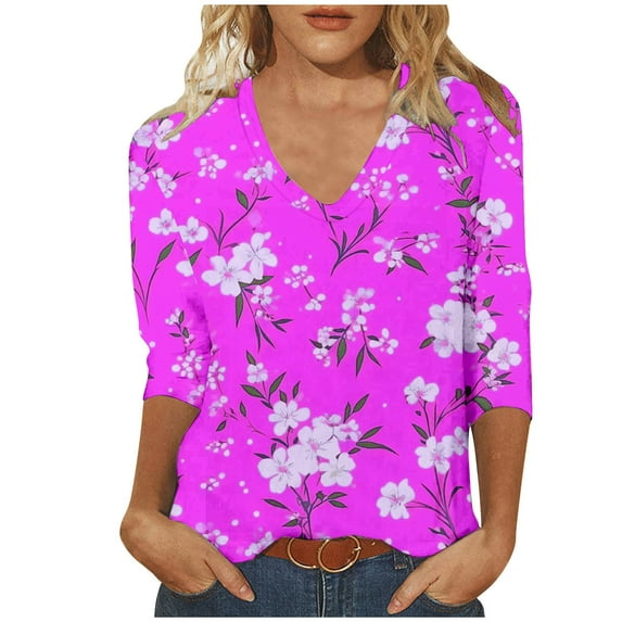 YUGYXL Lounge 3/4 Sleeve Shirts for Women Trendy Flower Graphic Tees V Neck Soft Lightweight Tshirts Dressy Tunics Fit Blouse Vacation Tops