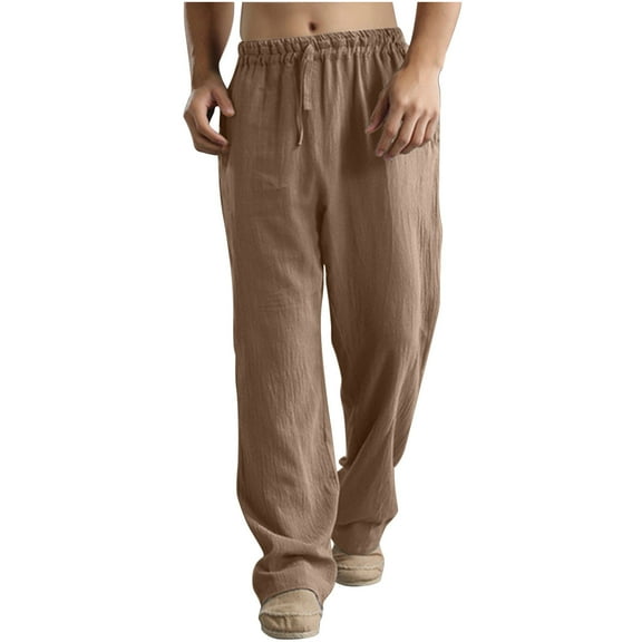 YUGYXL Men's Cotton Linen Trousers Elastic Waist Drawstring Lightweight Straight Pants with Pockets Lounge Solid Long Pants Brown XXL