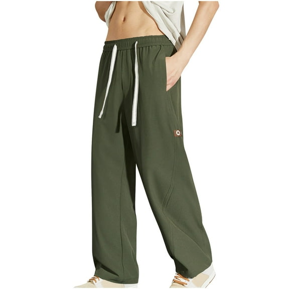 YUGYXL Mens Lounge Wide Leg Pants Big and Tall Baggy Comfy Straight Pants with Multiple Pockets Plus Size Drawstring Solid Trousers Outdoor Long Pants Army Green XXXXL