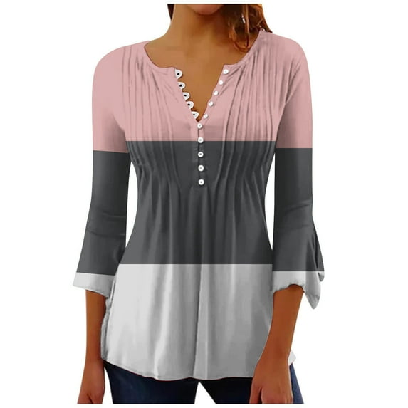 YUGYXL Deals Oversized Henley Tshirts for Women Plus Size 3/4 Sleeve Loose Blouse Summer Color Block Tunic Comfy Clothes Ladies Ruffle flowing Fit Tees Outdoor Pullovers