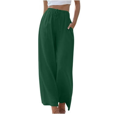 YUGYXL Deals Palazzo Pants for Women Cotton Linen Drawstring Pants Summer Elastic High Waisted Wide Leg Pants Solid Color Plus Size Straight Trousers with Pockets