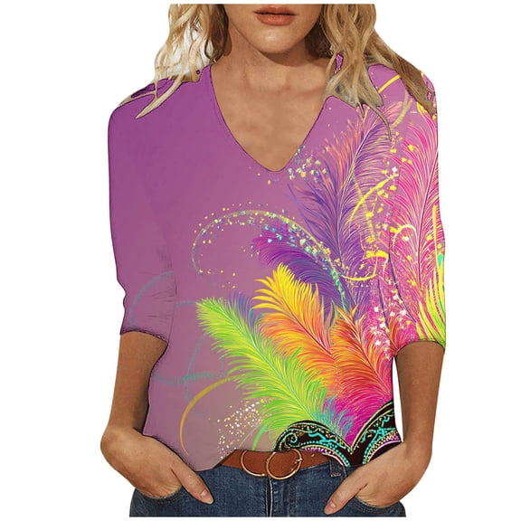 YUGYXL Plus Size 3/4 Sleeve Shirts for Women Mardi Gras Feather Printed Soft Tunic Tshirts Lounge V Neck Lightweight Tees Celebration Comfy Fit Blouse