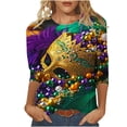 thumbnail image 1 of YUGYXL Plus Size 3/4 Sleeve Shirts for Women Mardi Gras Mask Graphic Loose Clothes Lounge Crew Neck Soft Tunic Blouse Celebration Party Tees Sales, 1 of 5