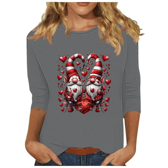 YUGYXL Deals Plus Size 3/4 Sleeve Tshirts for Women 2025 Valentines Hearts Gnomes Printed Cute Clothes Casual Crew Neck Loose Comfy Tees Going Out Soft Tunic Tops