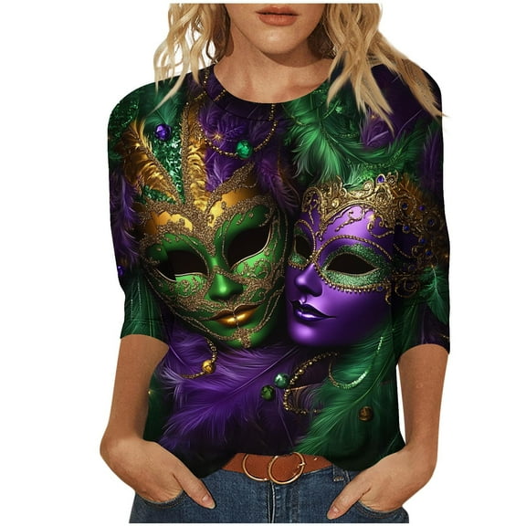 YUGYXL Plus Size 3/4 Sleeve Tshirts for Women Mardi Gras Party Mask Printed Shirts Summer Crew Neck Lightweight Comfy Tops Ladies Tunic Fit Tees Celebration Blouse