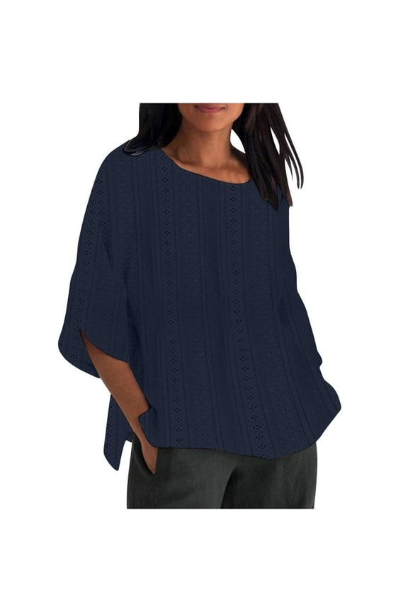 Plus Size Blouse for Women Fashion 3/4 Sleeve Cozy Clothes Summer Hollow Out Side Split Loose Tshirts Lounge Solid Color Crew Neck Tees Housewear