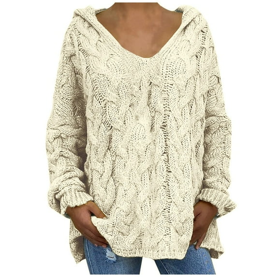 YUGYXL Deals Plus Size Cable Knit Sweaters for Women Fall Winter Long Sleeve Hooded Sweater 2024 Fashion Solid Color Loose Cozy Knitwear Oversized Comfy Fit Pullovers