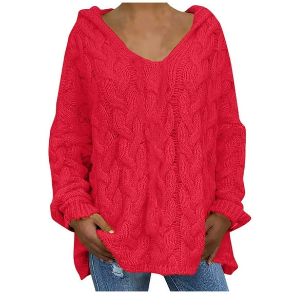 YUGYXL Deals Plus Size Cable Knit Sweaters for Women Fall Winter Long Sleeve Hooded Sweater 2024 Fashion Solid Color Loose Cozy Knitwear Oversized Comfy Fit Pullovers