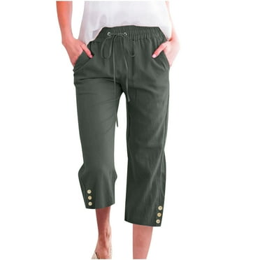 YUGYXL Deals Plus Size Linen Pants for Women Summer Elastic Waisted Drawstring Cropped Pants Solid Color Loose Fit Straight Trousers with Pockets Lounge Pant