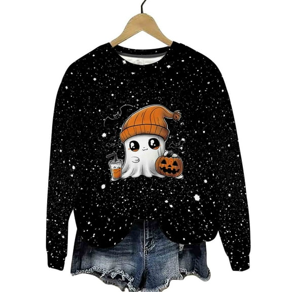 YUGYXL Sequins Print Womens Halloween Loose Crewneck Sweatshirt Casual Long Sleeve Pullover Cute Ghost Graphic Fleece Tunic Tops Black S