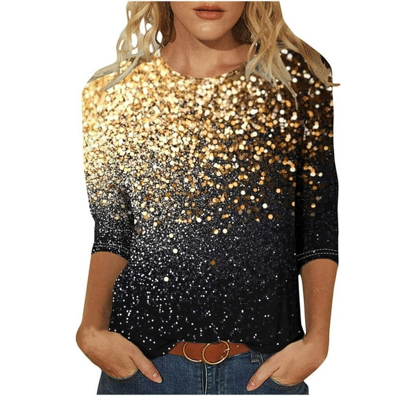 YUGYXL Sparkly Sequin Tshirts for Women 3/4 Sleeve Shirts Crew Neck Soft Lightweight Blouse Ladies Tunics Comfy Tops Vacation Tees Sales