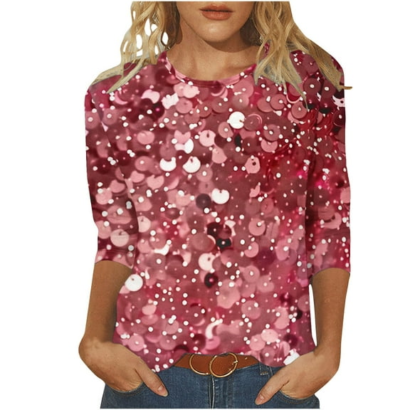 YUGYXL Sparkly Sequin Tshirts for Women Casual 3/4 Sleeve Shirts Plus Size Tops Elegant Crew Neck Loose Comfy Blouse Ladies Tunics Fit Tees