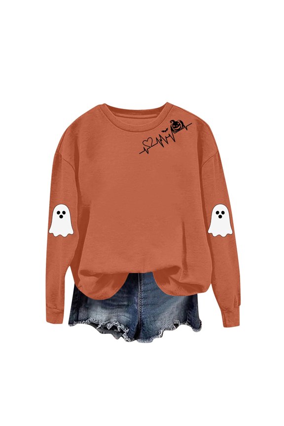 Spooky Season Sweatshirts Halloween Ghost Sweatshirt Women Halloween Graphic Crewneck Tops Casual Sweater Orange XL