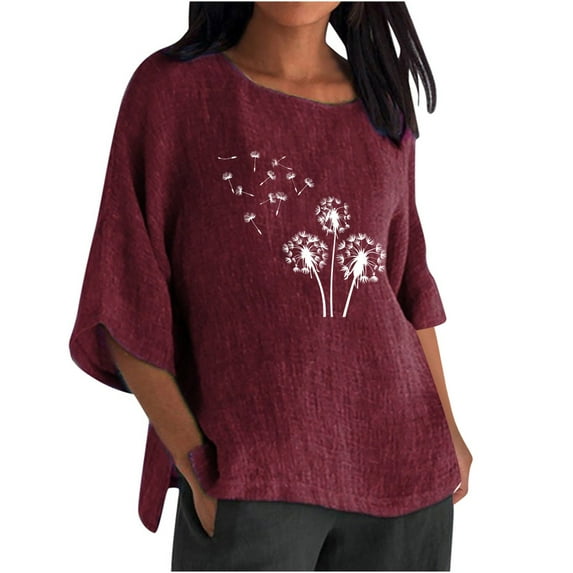 YUGYXL Summer 3/4 Length Sleeve Shirts for Women Fashion Flower Graphic Tees Teen Girl Crew Neck Soft Loose Pullovers Casual Side Split Comfy Tshirts Going Out Fit Clothes