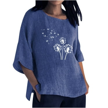 YUGYXL Deals Summer 3/4 Length Sleeve Shirts for Women Fashion Flower Graphic Tees Teen Girl Crew Neck Soft Loose Pullovers Casual Side Split Comfy Tshirts Going Out Fit Clothes