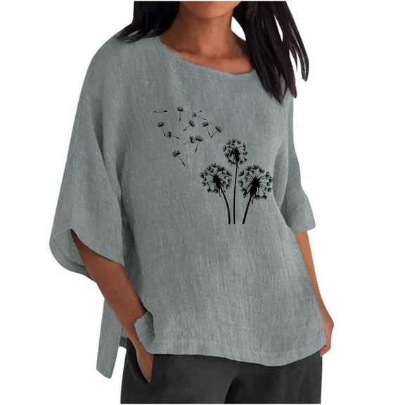 YUGYXL Summer 3/4 Length Sleeve Shirts for Women Fashion Flower Graphic Tees Crew Neck Soft Loose Pullovers Casual Side Split Comfy Tshirts Going Out Fit Clothes