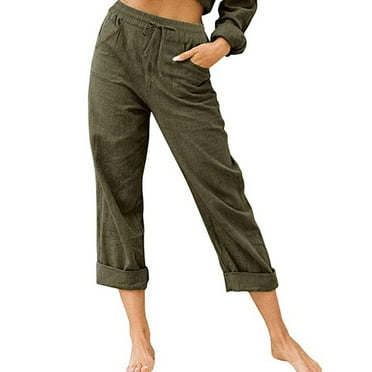 YUGYXL Deals Summer Linen Capris Pants for Women High Waisted Drawstring Tapered Pants Loose Fit Plus Size Long Pants with Pockets Solid Color Ankle Pant