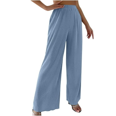 YUGYXL Deals Summer Linen Palazzo Pants for Women Elastic High Waisted Wide Leg Pants Loose Fit Flowy Casual Pants Solid Color Plus Size Long Pants with Pockets