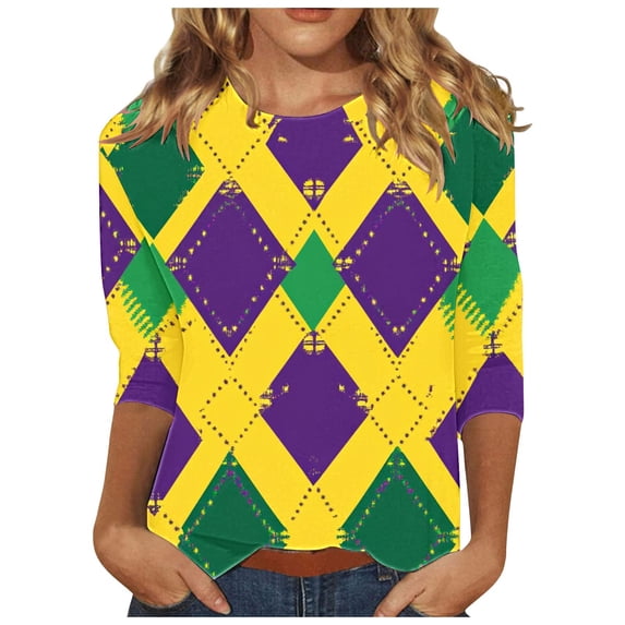 YUGYXL Deals Summer Mardi Gras 3/4 Shirt for Women Trendy Glitter Printed Clothes Lounge Crew Neck Loose Lightweight Tshirts Ladies Soft Tunic Tees Carnival Theme Tops Clearance Sales