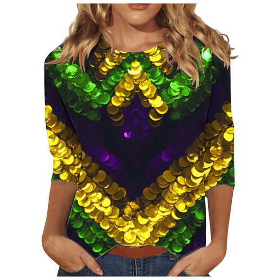 YUGYXL Summer Mardi Gras 3/4 Shirt for Women Trendy Glitter Printed Clothes Lounge Crew Neck Loose Lightweight Tshirts Ladies Soft Tunic Tees Carnival Theme Tops Sales