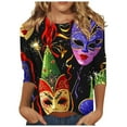 thumbnail image 1 of YUGYXL Summer Mardi Gras 3/4 Sleeve Tshirts for Women Fashion Party Mask Printed Loose Blouse Lounge Crew Neck Lightweight Fit Tees Ladies Tunic Tops Carnival Blouse, 1 of 5