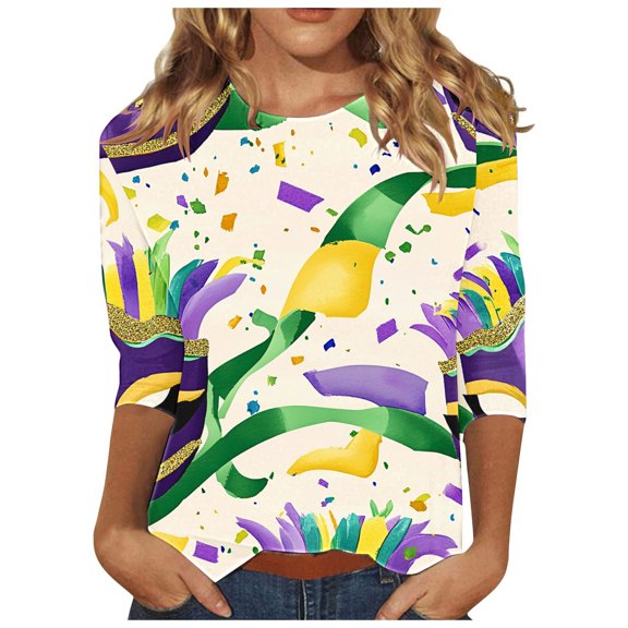 YUGYXL Summer Mardi Gras 3/4 Sleeve Tshirts for Women Fashion Party Mask Printed Loose Blouse Lounge Crew Neck Lightweight Fit Tees Ladies Tunic Tops Carnival Blouse