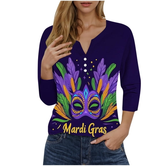 YUGYXL Summer Plus Size 3/4 Length Sleeve Tshirt for Women Mardi Gras Mask Printed Loose Cozy Costume Trendy Crew Neck Lightweight Tunic Clothes Celebration Tees