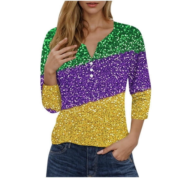 YUGYXL Summer Plus Size 3/4 Length Sleeve Tshirt for Women Mardi Gras Mask Printed Loose Cozy Costume Trendy Crew Neck Lightweight Tunic Clothes Celebration Tees