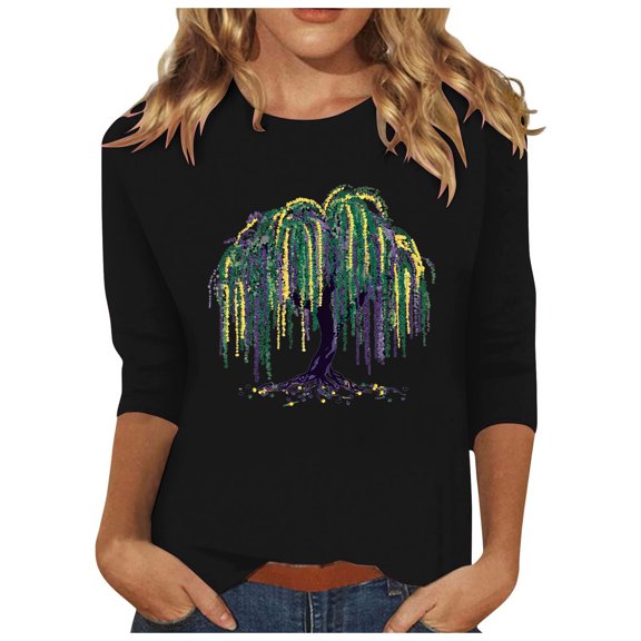 YUGYXL Three Quarter Sleeve Tshirts for Women Mardi Gras Fancy Printed Clothes Dressy Crew Neck Basic Fit Tees Theme Party Soft Tunic Tops Sales