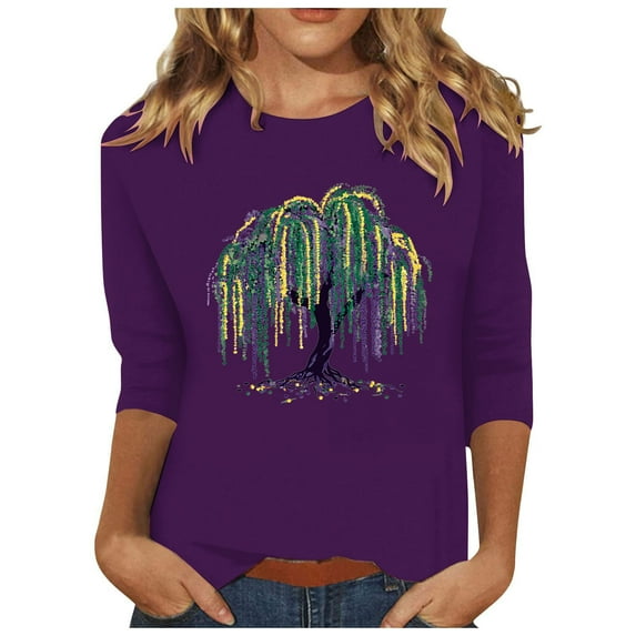 YUGYXL Deals Three Quarter Sleeve Tshirts for Women 2025 Mardi Gras Fancy Printed Clothes Dressy Crew Neck Basic Fit Tees Theme Party Soft Tunic Tops Clearance Sales