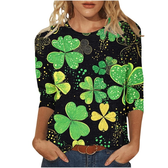 YUGYXL Deals Three Quarter Sleeve Tshirts for Women 2025 St.Patrick's Day Crew Neck Clothes Irish Shamrock Graphic Tees Lounge Tunics Comfy Tops Clearance