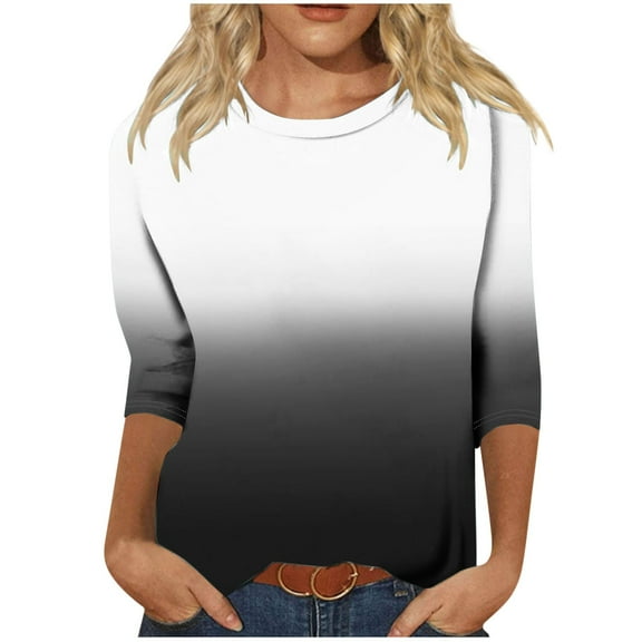 YUGYXL Trendy 3/4 Sleeve Shirts for Women Gradient Color Clothes Casual Crew Neck Lightweight Cozy Tshirts Ladies Tunics Fit Tees