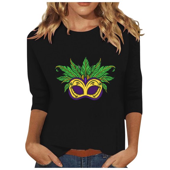 YUGYXL Trendy 3/4 Sleeve Tshirts for Women Mardi Gras Colorful Printed Clothes Novelty Crew Neck Soft Tunic Tees Celebration Party Basic Fit Tops Sales
