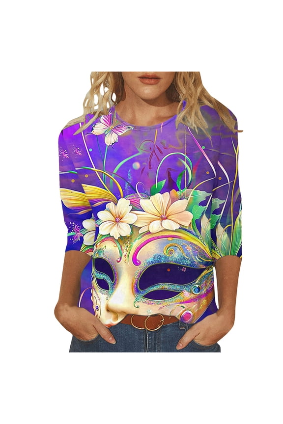 Trendy Mardi Gras 3/4 Length Sleeve Tshirts for Women Summer Plus Size Mask Graphic Fancy Clothes Lounge Crew Neck Soft Tunic Shirts Celebration Tops