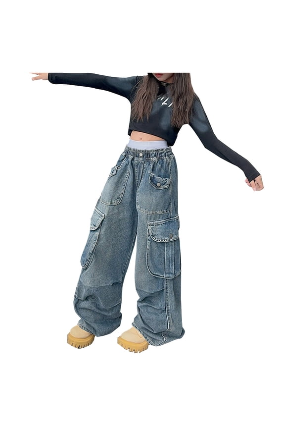 Trendy Wide Leg Jeans for Girls Teen Girl Loose Fit Denim Pants with Multiple Pockets Stretch Waist Baggy Cargo Trousers Blue 160