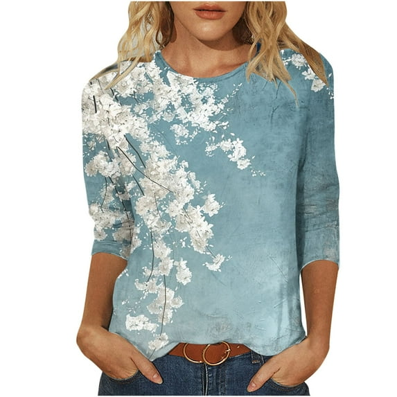 YUGYXL Vintage Flower Graphic Tees for Women Lounge 3/4 Sleeve Tshirts Crew Neck Lightweight Comfy Shirts Ladies Tunics Tops Holiday Blouse