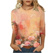 YUGYXL Deals Vintage Flower Printed Tops for Women Trendy 3/4 Sleeve Clothes Plus Size Loose Comfy Tshirts Fashion Crew Neck Lightweight Tunic Shirts Going Out Blouse